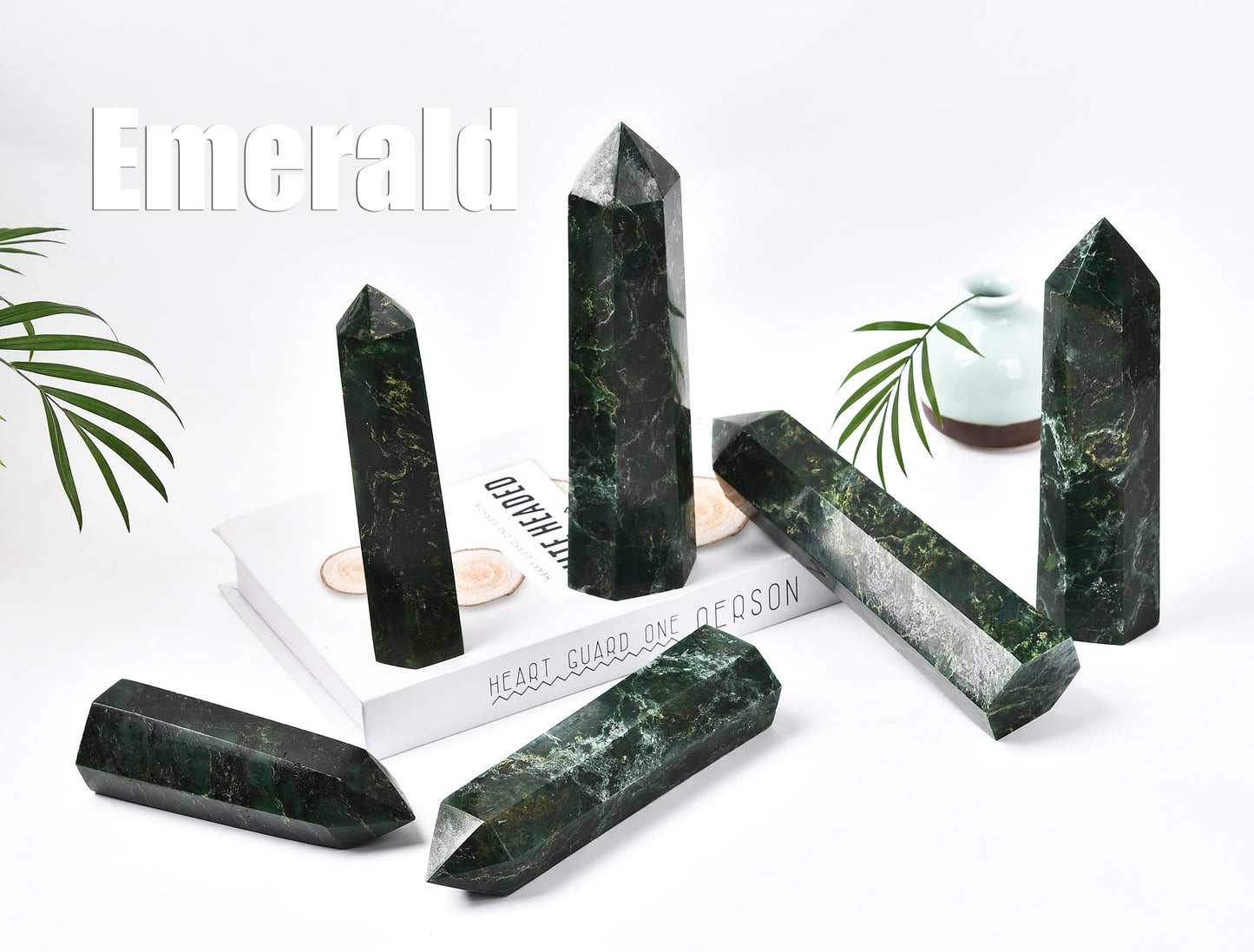 AMOYSTONE Large Crystal Obelisk Emerald Quartz Tower Green Healing Crystal Wand Point 6 Faceted Reiki Meditation Stone 2.2-2.6 LBS
