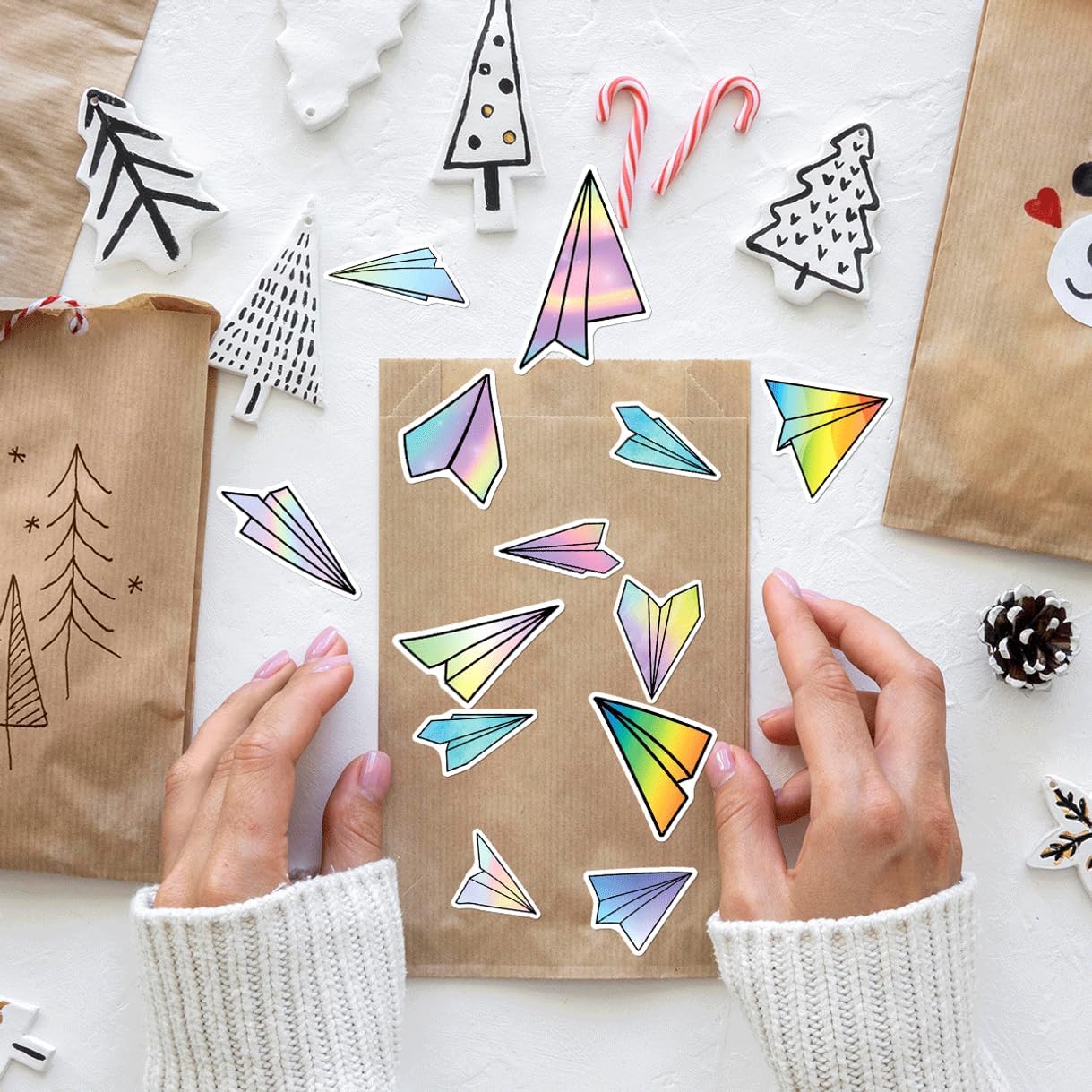 Colorful Holographic Paper Airplane Pattern Vinyl Stickers Pack for Laptops Water Bottles Skateboards Notebooks Kids Teens Students Collectors 50pcs Wall Decoration Car Hat