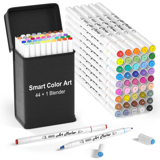 Smart Color Art Art Markers, 44 Coloring Markers and 1 Blender, 45 Pack Alcohol Based Dual Tip Permanent Highlighters with Case, Excellent for Adults Kids Marking Drawing Sketching