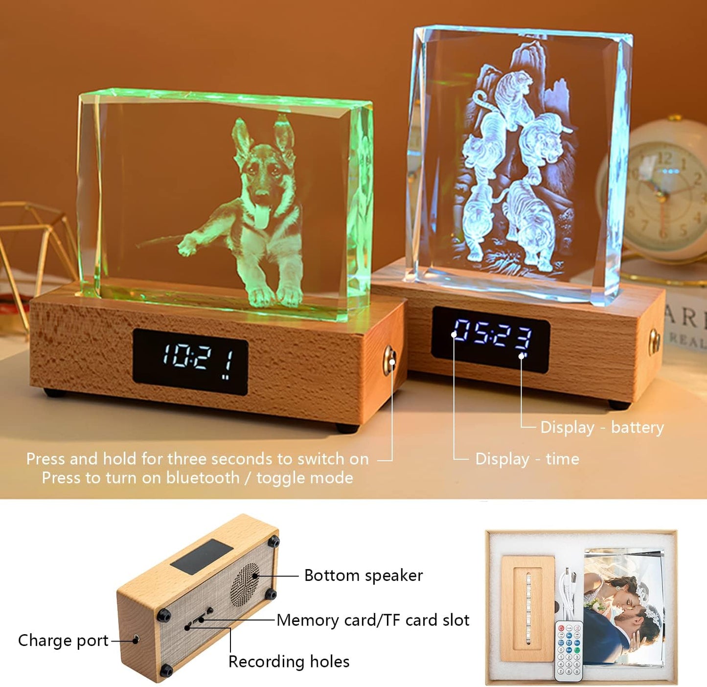 Personality Rectangular Night Light 3D Crystal Light Custom Color Photo LED Light Discoloration Belt Clock Base Personality Gift Men Women Home Office Desktop Decorations
