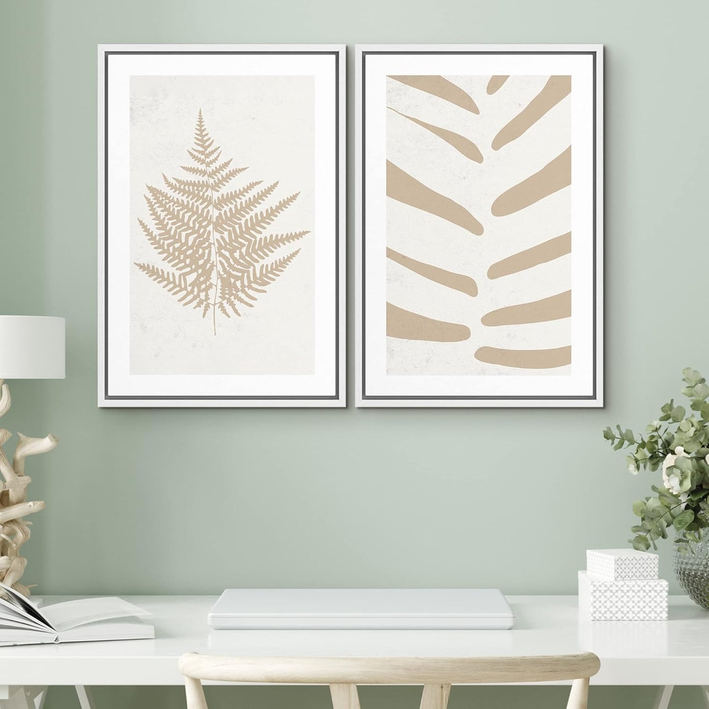 SIGNWIN Framed Canvas Print Wall Art Set Tan White Forest Plant Silhouettes Nature Wilderness Illustrations Modern Art Rustic Closeup Minimal for Living Room, Bedroom, Office - 16"x24"x2 White