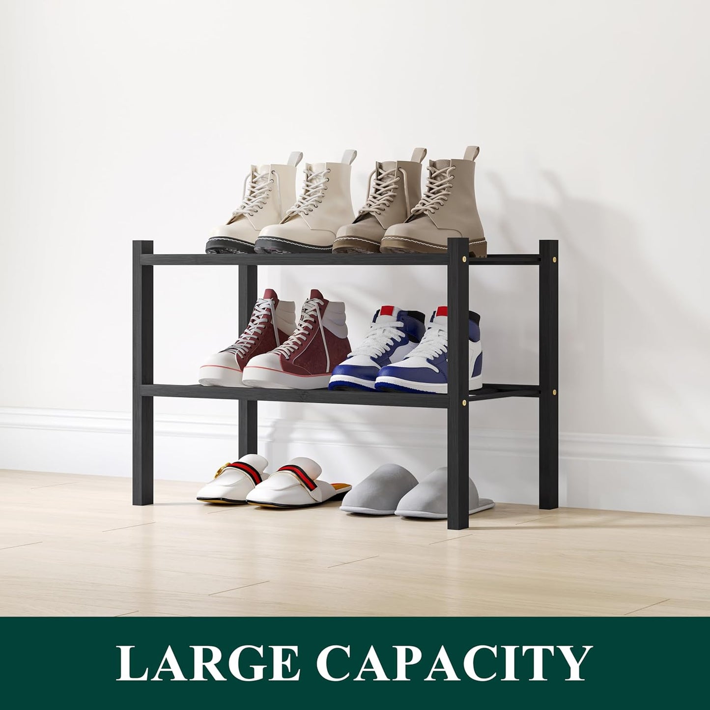 Smiry Shoe Rack, 2 Tier Small Bamboo Shoe Organizer, Stackable Free Standing Wooden Shoe Storage Shelf for Closet, Entryway, Front Door Entrance, Black