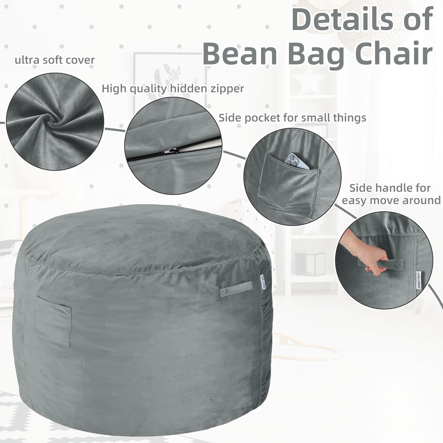 HABUTWAY Bean Bag Chair 3Ft Luxurious Velvet Ultra Soft Fur with High Rebound Memory Foam Bean Bag Chairs for Adults Plush Lazy Sofa with Fluffy Sponge 3' (Light Grey)