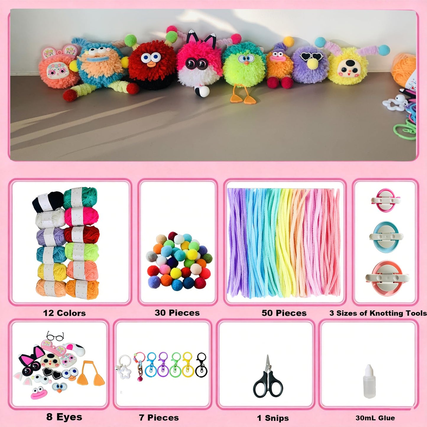 Pom Poms Maker Crafts Kit ,DIY Keychain Making Craft,Create Your Own Keychain for Adult
