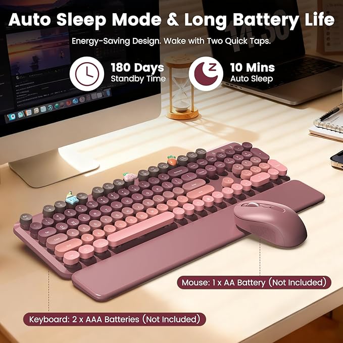 Wireless Keyboard and Mouse Combo, Cute Retro Typewriter Keyboard with Round Keycaps, Full-Size Aesthetic Keyboard with Magnetic Wrist Rest, 2.4GHz USB for Windows/Mac Desktop Laptop (Pink Gradient)