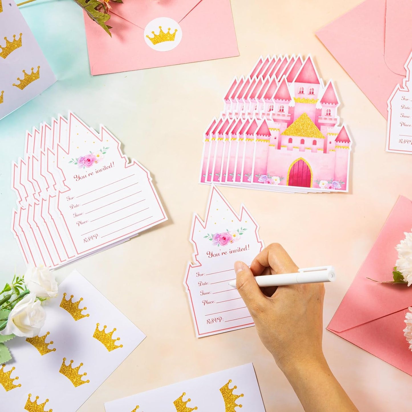 30 Sets Birthday Invitations with Envelopes Stickers Themed Invitations for Girl Boy Birthday Party Supplies Decoration (Pink Castles)