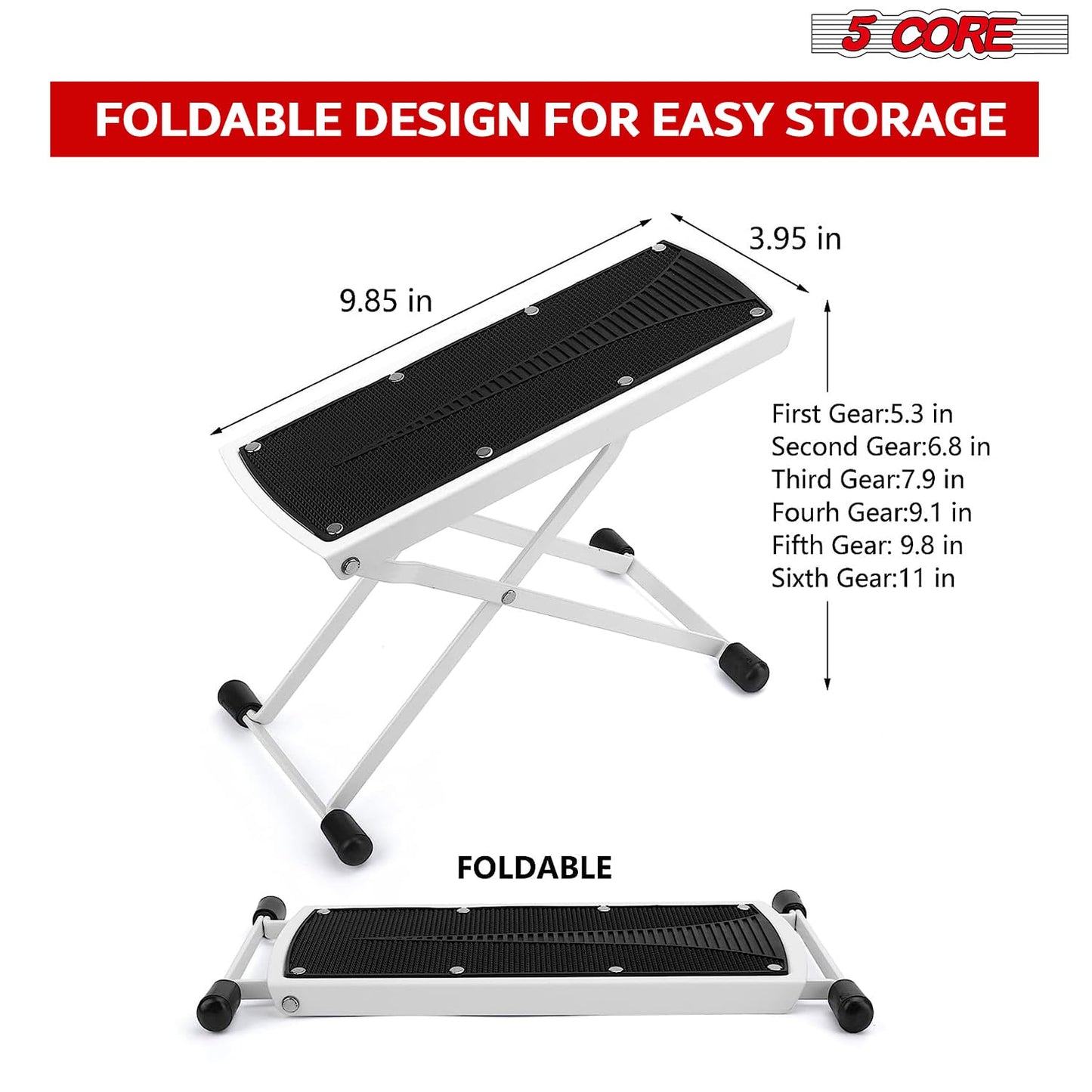 5 Core Guitar Foot Stool - 6-Level Height Adjustable Metal Folding Foot Rest With Non-Slip Surface, Stable Rubber Feet, Portable