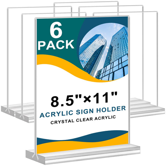 Arrobust Acrylic Sign Holder 8.5 x 11, Double Sided Clear Acrylic Display Table Signs Stand, T Shape Flyer Holder Plastic for Picture Paper Frame Holder Home Office Menu Retail Show Fair, 6 Pack