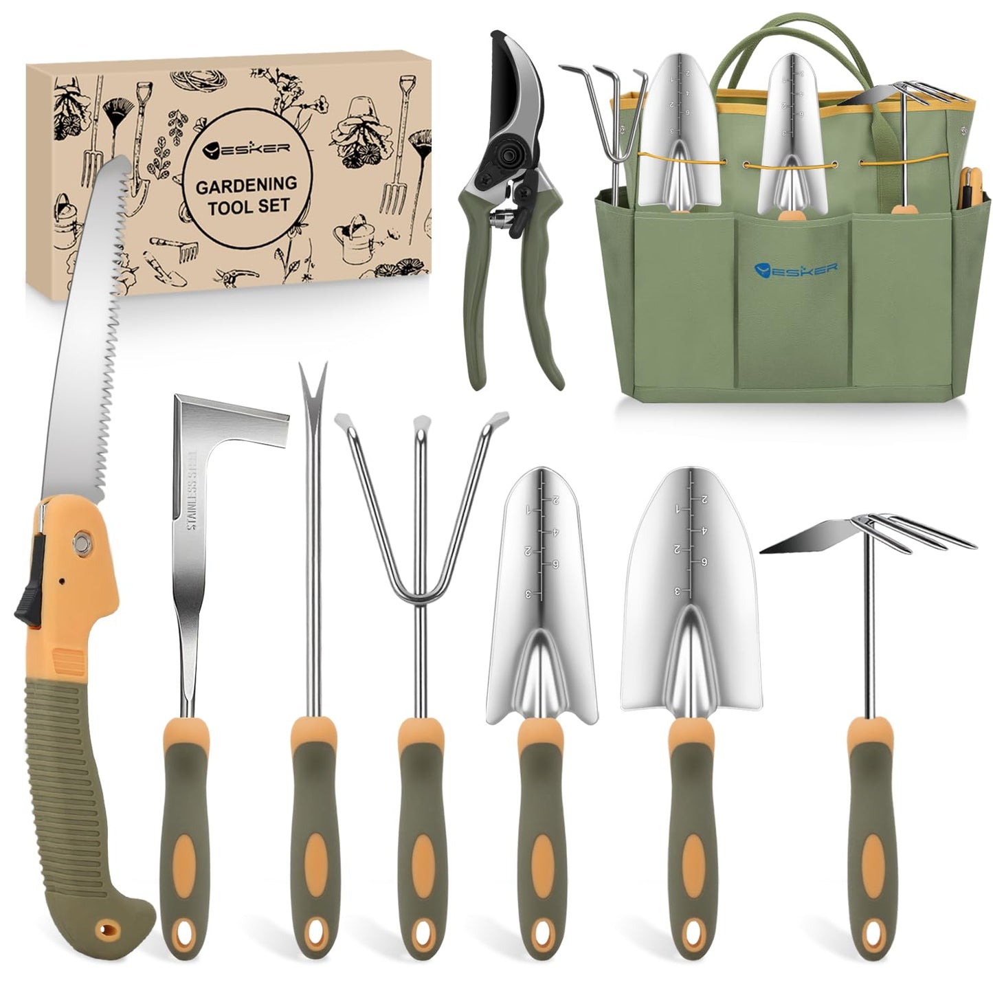 Yesker Gardening Tools 9-Piece Heavy Duty Garden Tool Set Gardening Supplies Gifts for Women Men Gardening Hand Tool Kit w Non-Slip Ergonomic Rubber Handle, Durable Garden Bag, Pruning Shears, Green