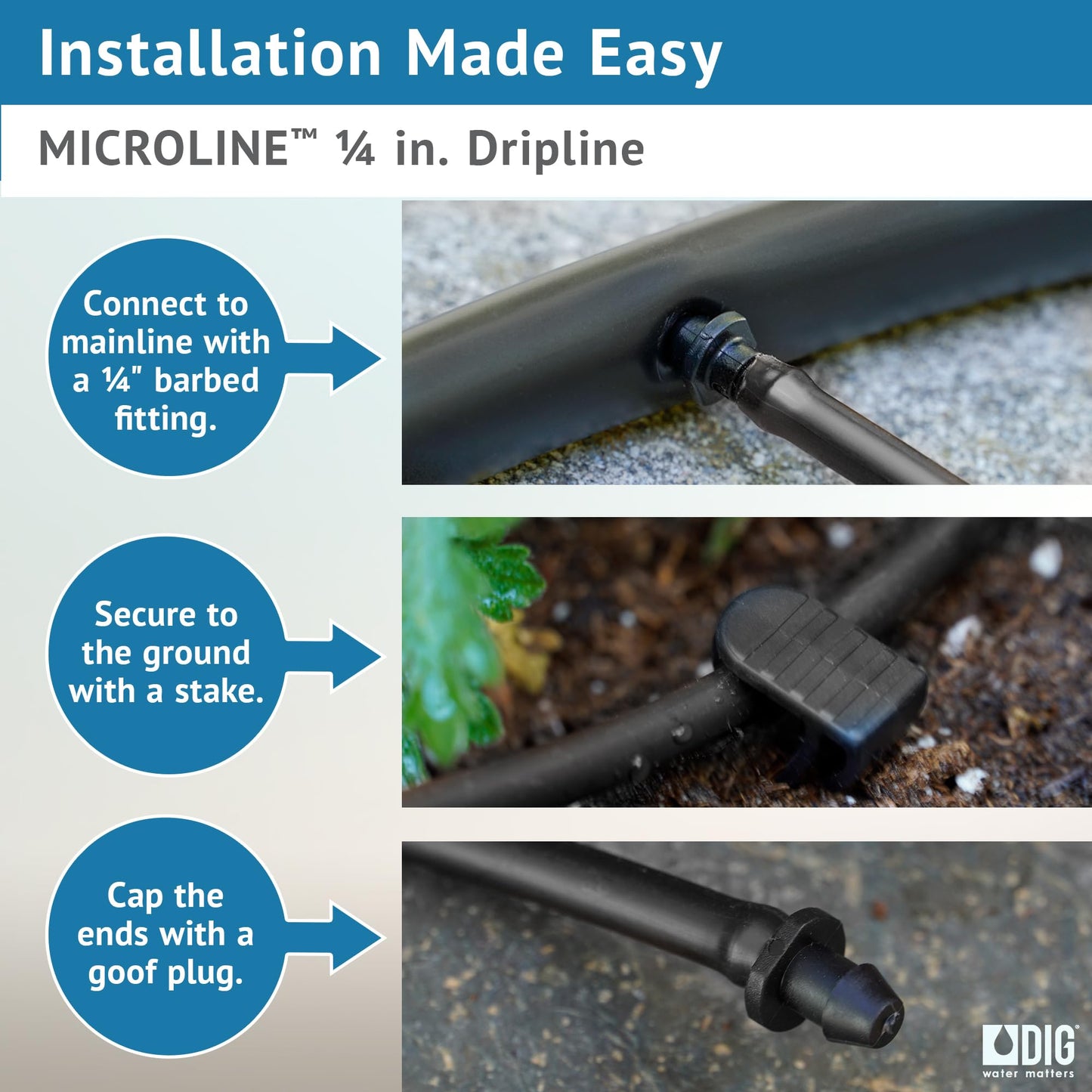 DIG ML-056, 50’, ¼” Microline™ Dripline - Enhanced 6” Emitter Spacing, UV-Resistant, Perfect for Diverse Garden Layouts (Black)