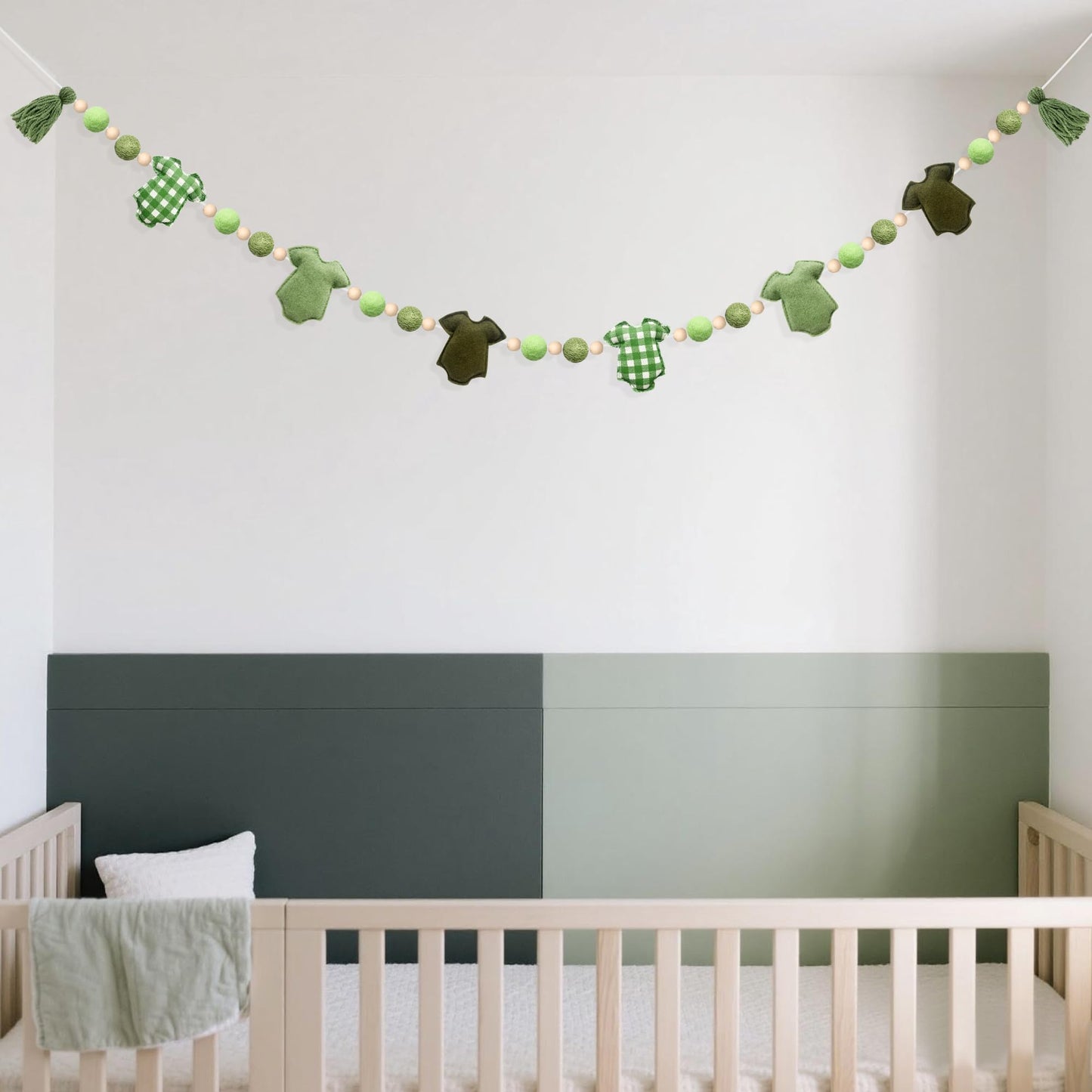 Sage Green Plaid Baby Clothes Decorations Pre-Strung Handmade Felt Baby Clothes Wooden Bead Wool Felt Ball Banner Garland for Neutral Gender Reveal Baby Shower Party Nursery Fireplace Home Decor