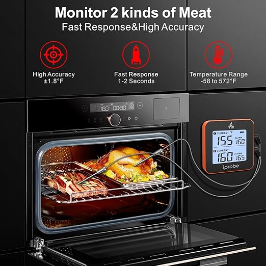 600 ft Range Digital Wireless Meat Thermometer with 2 Probes - Bluetooth & Rechargeable for Grilling Smoker Turkey, Fish, Beef