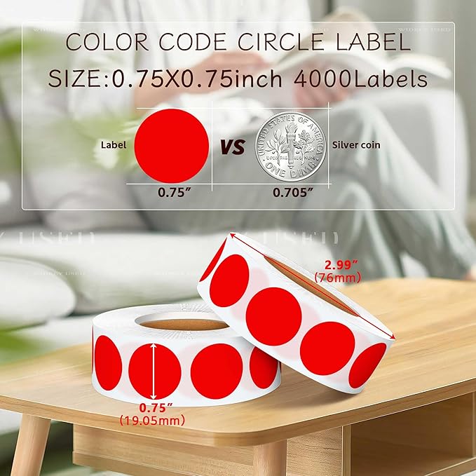 0.75 Inch 4 Rolls of 4000 Colorful Dots Sealing Stickers,3/4" Round Permanent Adhesive Color Coding Labels,Red Dots Stickers for Home Decorative, Storage Bins, Moving Containers & Organization