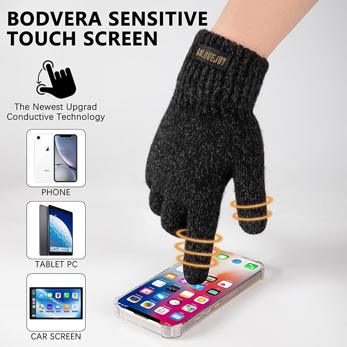 Winter Wool Gloves for Men Warm Knitted Touchscreen Cold Weather Gloves for Running Driving