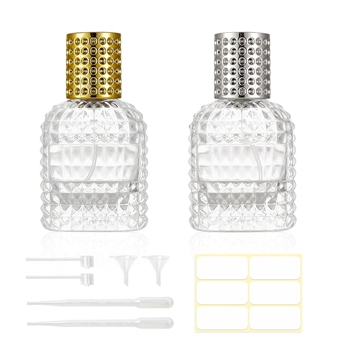 2 Pack 30ml Refillable Spray Perfume Bottles, Empty Clear Perfume Atomizer, Portable Perfume Mist Spray Bottle Travel Perfume Dispenser (30ML, Gold & Silver)