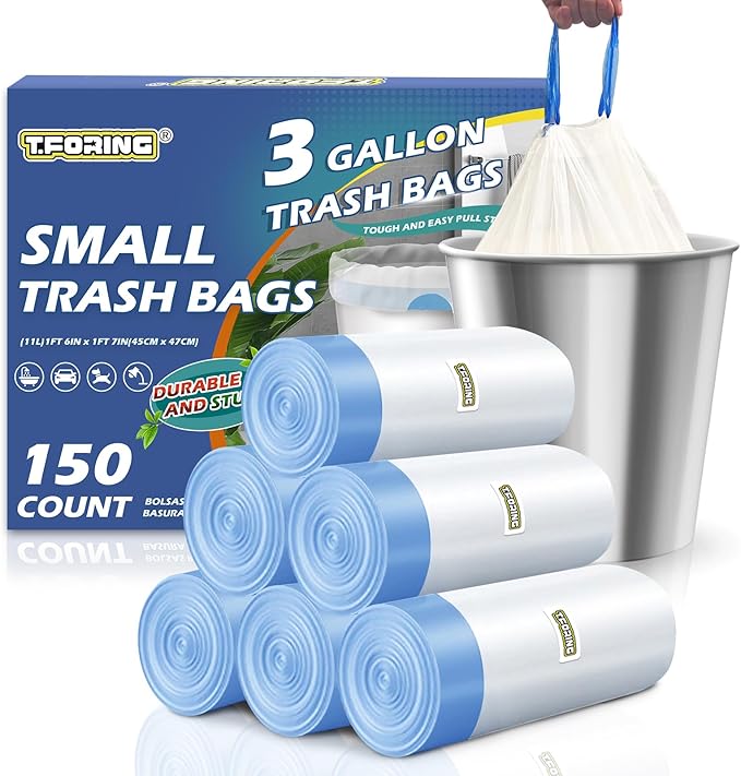 150 Count 3 Gallon Small Trash Bags Drawstring - 0.96 Mil White Garbage Bags Unscented for Bathroom, 12 Liter Strong Plastic Wastebasket Bin Liners for Toilet Office and Bedroom