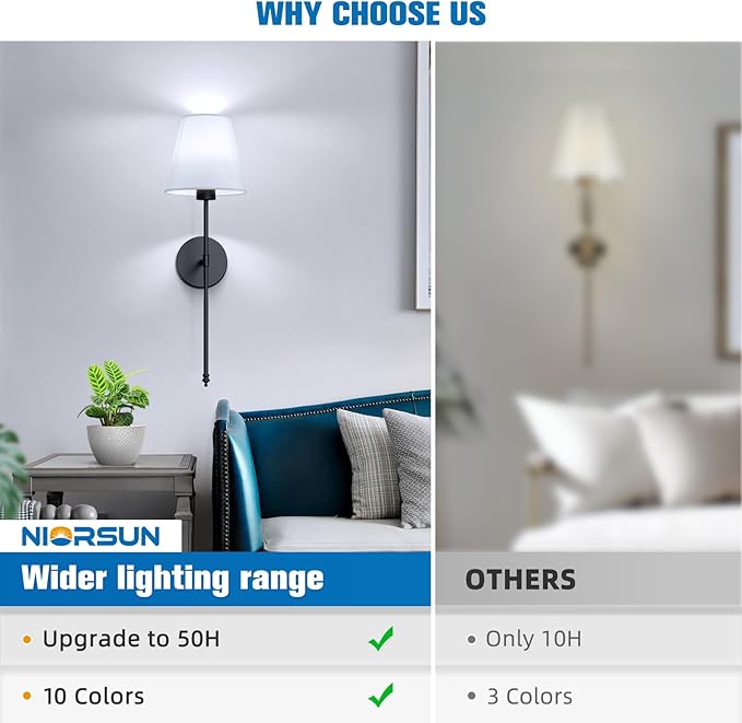 NIORSUN Battery Operated Wall Sconce Set of 2,Black Rechargeable Wall Lights with 5200mAh Dimmable Detachable Bulbs and Remote, 10 Colors Wireless Wall Lamps for Bedroom Living Room Hallway Decor