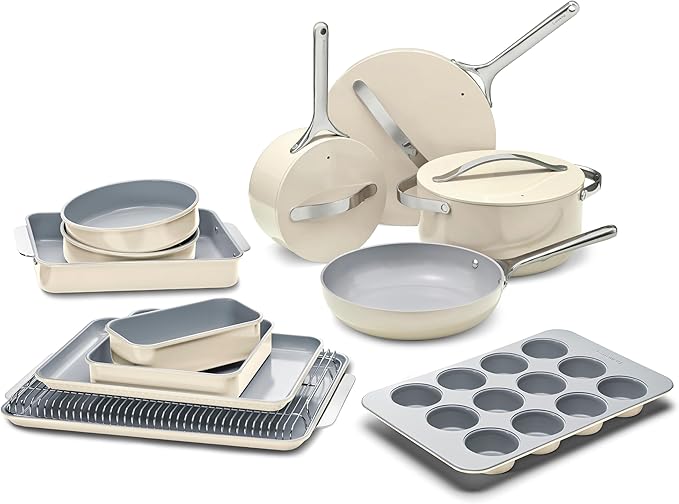 Caraway 23-Piece Nonstick Ceramic Cookware & Bakeware Set – Pots, Frying Pans, Lids, Baking Sheets, Pans, Cooling Rack & Storage – Oven Safe, Non-Toxic – Compatible with All Stovetops - Cream