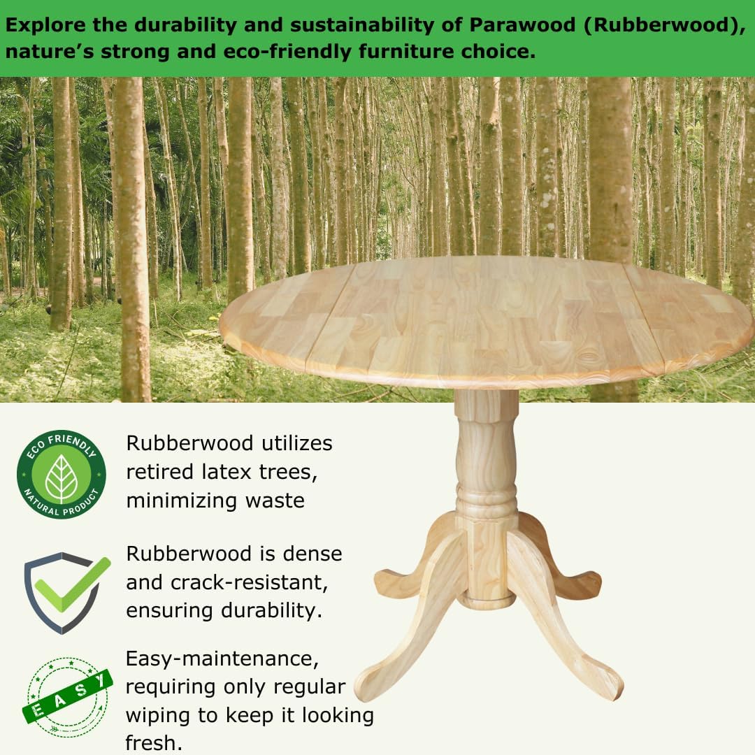 IC International Concepts, 42" Round Dual Drop Leaf Pedestal Dining Table, Solid Real Wood, Sturdy Parawood, Natural