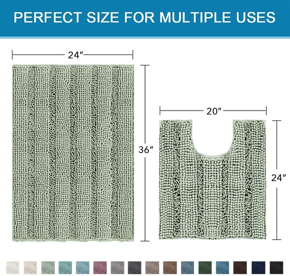 H.VERSAILTEX Bathroom Rugs Bath Rug Set 2 Piece Bathroom Contour Rug Toilet Mat Sets Non Slip Contour Bath Rug Ultra Thick Water Absorbent Striped Bath Mats Washable(36" x 24" Plus 20" x 24" U, Sage)