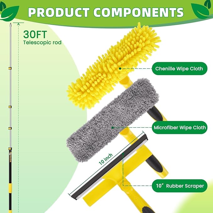 370'' Long Reach Window Squeegee with Telescoping Extension Pole, 2-in-1 Indoor/Outdoor Cleaning Tool with 270° Rotatable Head, Lightweight Alloy Aluminum Pole for Shower Door, Mirror, Car Windshield