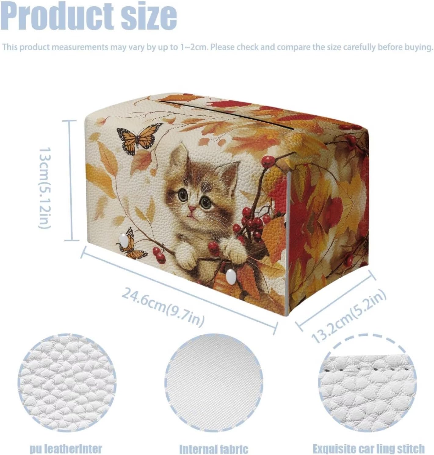 Rectangle Tissue Box Cover Cute Cat Leather Tissue Box Holder for Bathroom Toilet Waterproof Facial Paper Organizer Fall Theme Home Decorations for Dining Room Bathroom