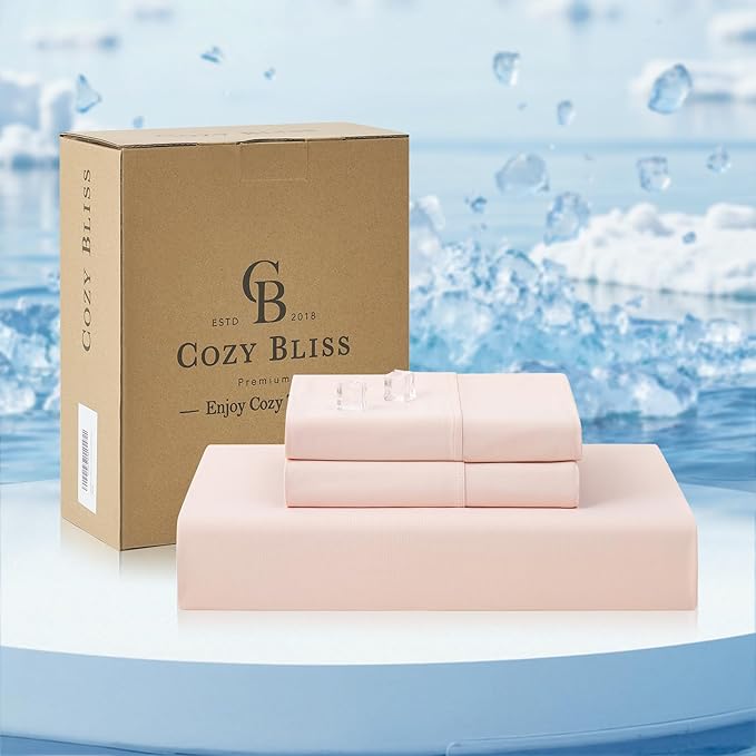 Cozy Bliss Premium Cooling Sheet Set King Size, Q-Max>0.4, 3PCS No Flat Sheet with 2 Pillowcases, Breathable Fitted Sheet for Hot Sleepers & Night Sweats, Deep Pocket Up to 18 Inches, Pink
