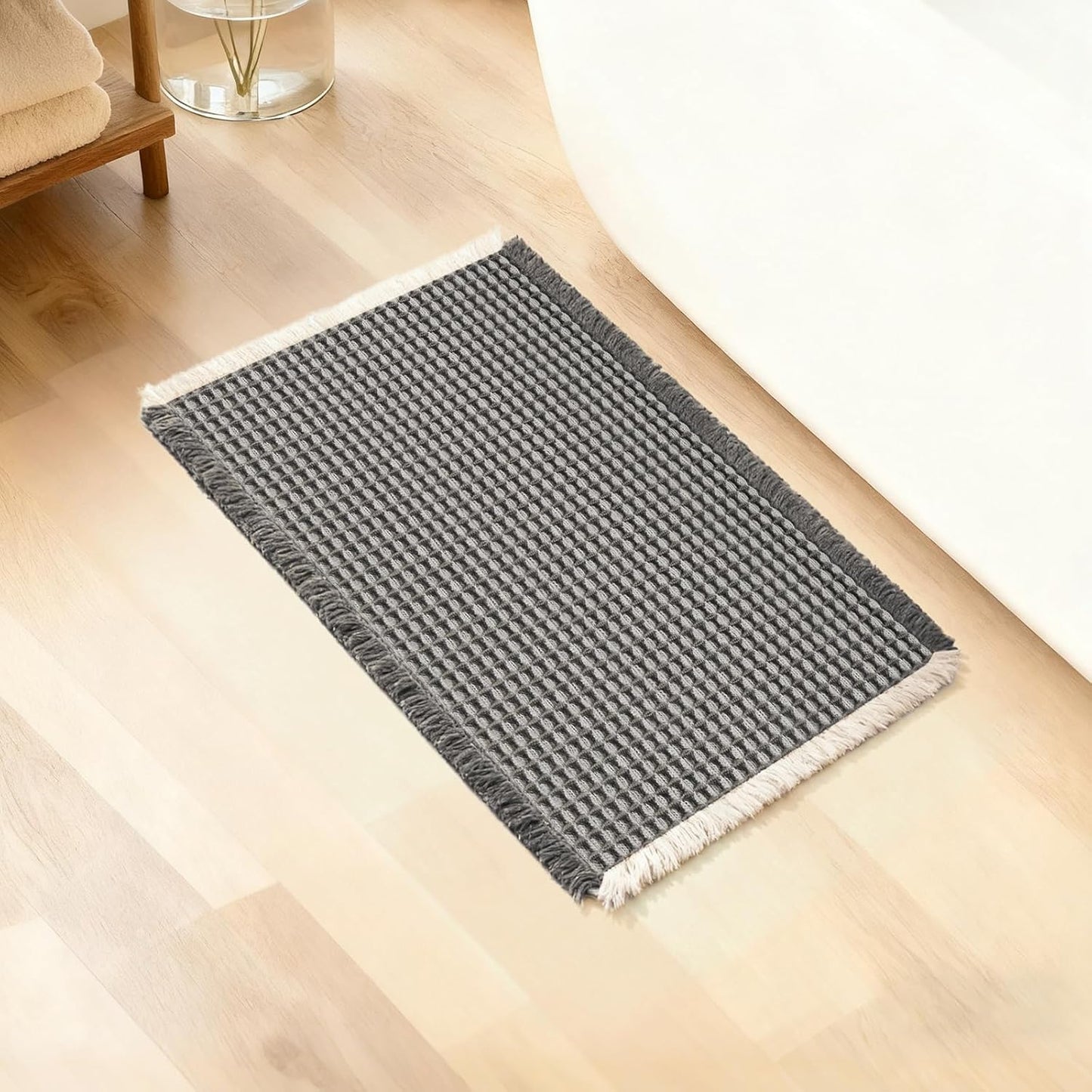 ArtyCozy Waffle Bath Mat, Super Absorbent Soft Non-Slip Boho Bath Rugs with Flat-Woven Hot Glue Backing for Bathroom, Machine Washable Bath Mats, 18" × 30", Grey & White