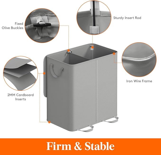 Lifewit Double Laundry Hamper with Lid and Removable Laundry Bags, Large Collapsible 2 Dividers Dirty Clothes Basket with Handles for Bedroom, Laundry Room, Closet, Bathroom, College, 136L Silver Gray
