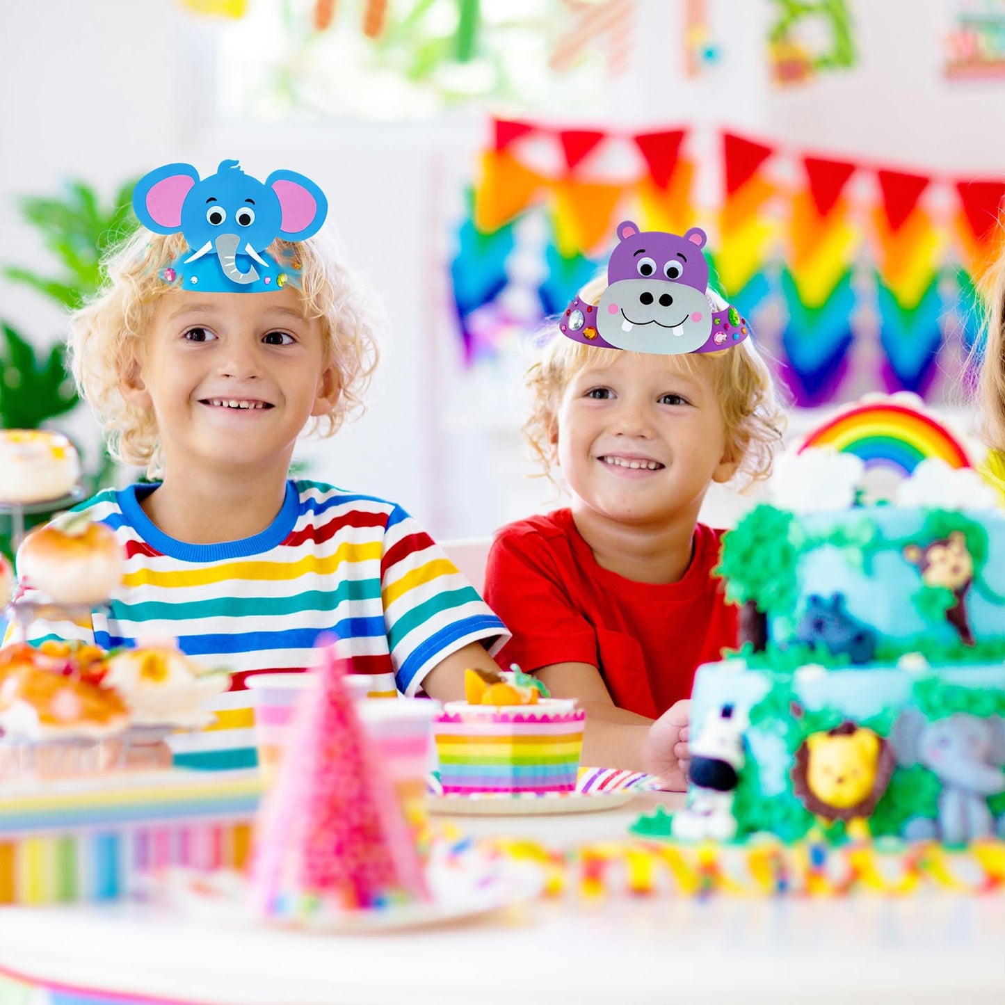 Winlyn 24 Sets Jungle Animal Headbands Craft Kits Safari Crown Art Sets DIY Zoo Party Headbands Foam Stickers Arts and Crafts for Kids Jungle Safari Birthday Activities Party Favors Decorations