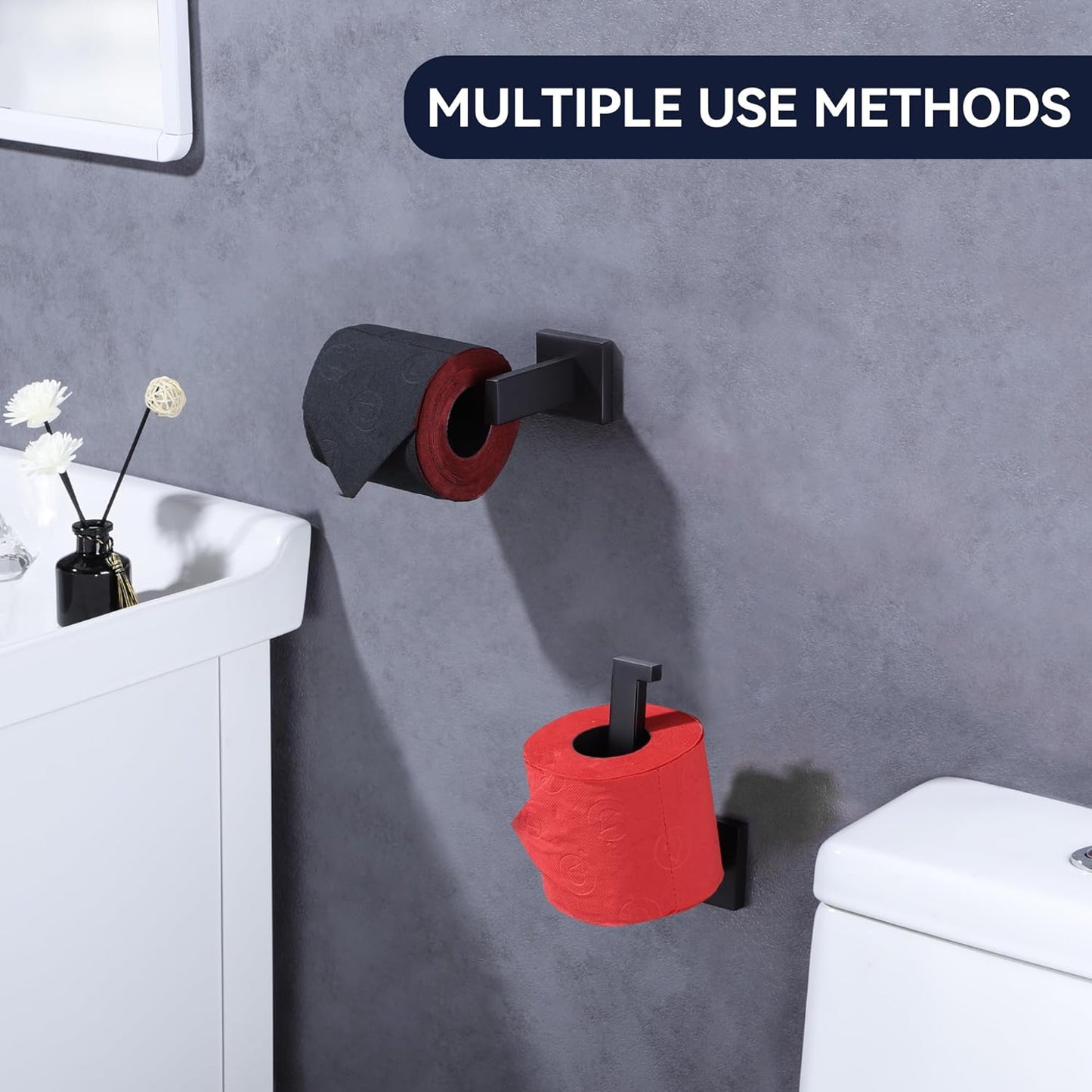 LANC Black Toilet Paper Holder, Bathroom Toilet Paper Roll Holder Wall Mount for Kitchen Washroom Modern Matte Black TP Tissue Holder Dispenser and Hangers Stainless Steel, Left A8807MB-LF