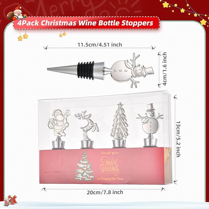 4 Pack Christmas Wine Stoppers, Alloy Wine Bottle Stoppers for Xmas Decoration, Bottle Stopper for Keeping Wine Fresh, Wine Accessories Gift for Hostess - Wine Bottle Corkers