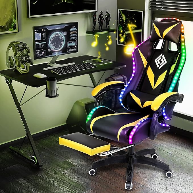 HOFFREE RGB Gaming Chair with Speakers and Massage Ergonomic Computer Chair with Lights and Footrest Reclining Video Game Chairs for Adults Yellow and Black