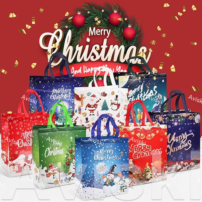 16PCS Christmas Gift Tote Treat Bags with Handles, Multifunctional Non-Woven Bags for Gifts Wrapping Shopping, Xmas Party Supplies, 15×13.8×5.9inch