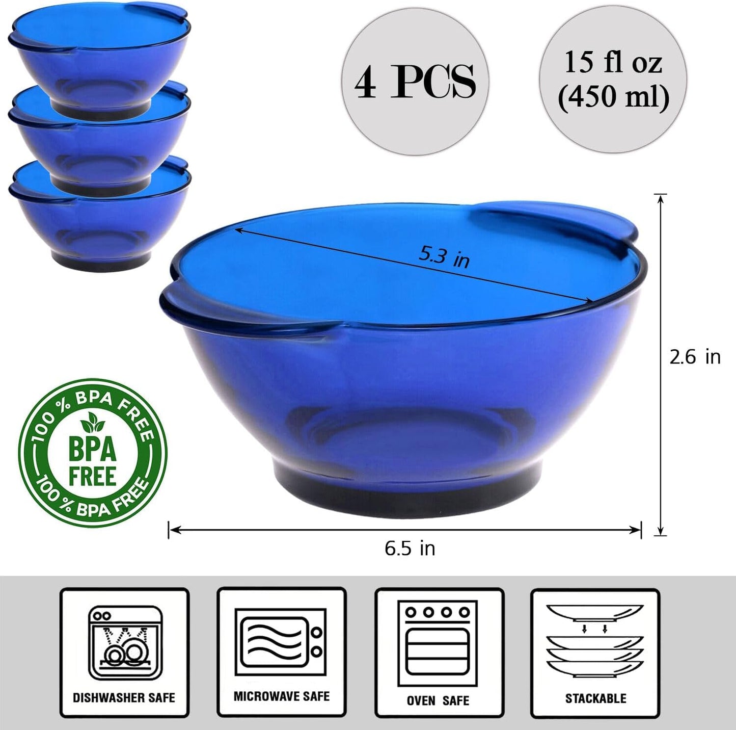 STP GOODS Glass Soup and Salad Bowl with Handles, Cobalt Transparent Glass Eating Plates, Circular Dinnerware for Salad, Bread, Dinner (Blue 4 pcs)