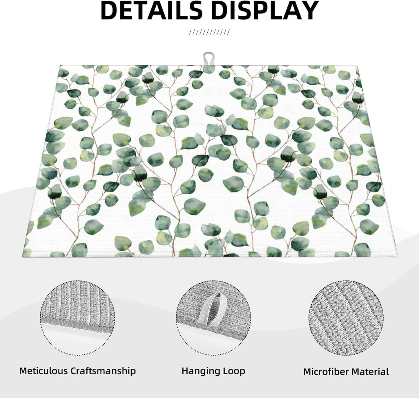 Dish Drying Mat Green Floral Leaf Botaical for Kitchen Counter Absorbent Dishes Drainer Microfiber Large 18x24 Inch
