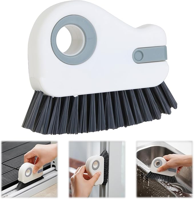 2 in 1 Groove Cleaning Brush, Grout Cleaner Tool & Multifunction Window Track Cleaner (with Hidden Scraper or Mini Dustpan) – for Glass Door Tracks, Window Sills, Sliding Doors, Shower Door Tracks