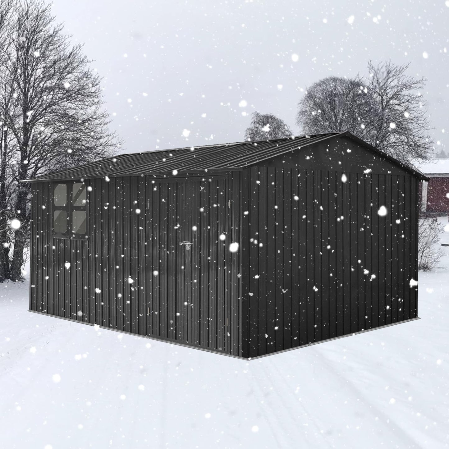 KEIKI 12x10 FT Metal Garden Shed with Window & Storage Shelves, Outdoor Storage House, Apex Roof Ventilated Utility Shed with Hinged Door for Backyard Tool Organization, Lock Included, Black