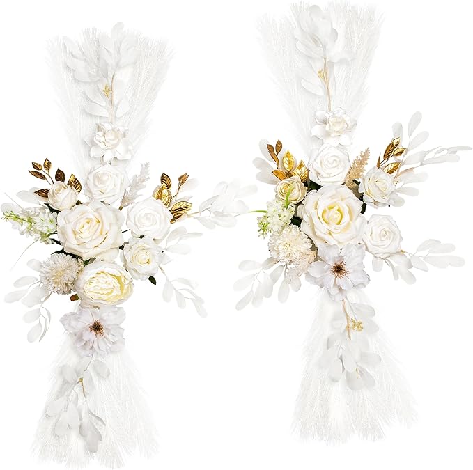 Wedding Arch Flowers, Artificial Floral Decor for Wedding Ceremony & Reception, Standard Size Large Flower Swag Set for Backdrop & Welcome Sign, Pack of 2 (White Pampas)