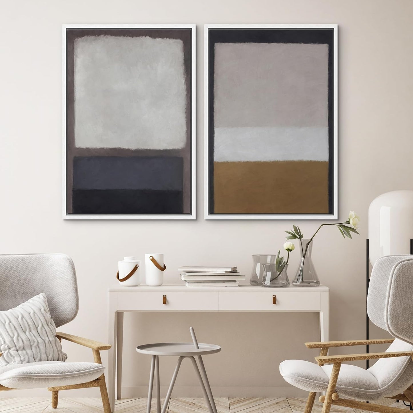 SIGNWIN Framed Canvas Print Wall Art Set Gray Brown Pastel Geometric Color Blocks Abstract Shapes Illustrations Art Contemporary Decorative for Living Room, Bedroom, Office - 16"x24"x2 White