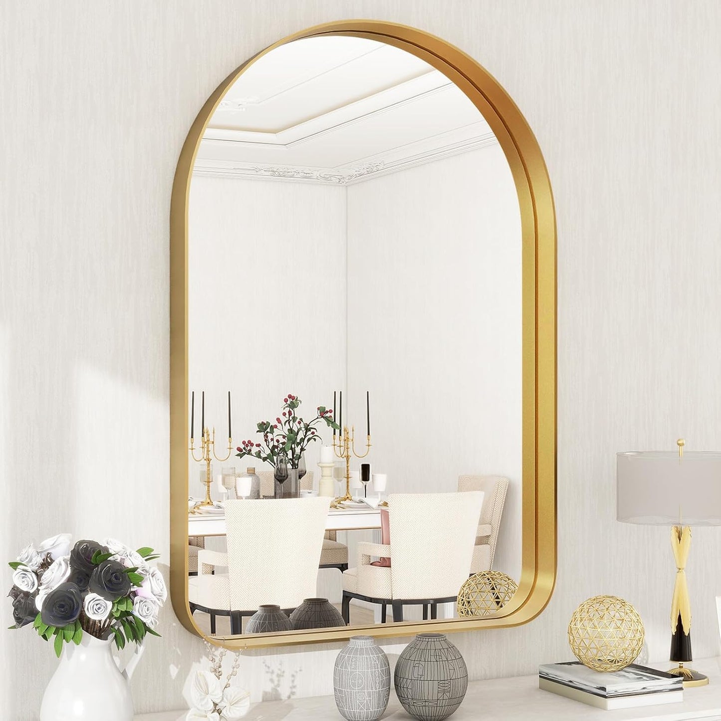 Arched Bathroom Mirror - 38x26 Inch Gold Bathroom Mirror for Wall - Aluminum Alloy Framed Mirror - Arched Top Bathroom Vanity Mirror for Living Room, Bedroom, Mantel, Entryway, and Hallways
