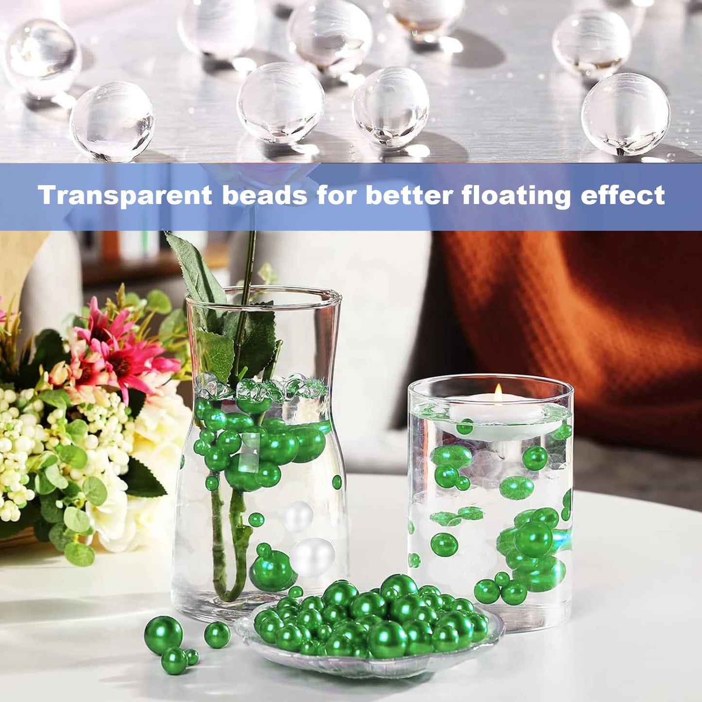 Chuxin 230 Pieces Floating Pearls for Vases Filler, 20/14/10mm Pearl Beads No Hole Faux Green Beads for St. Patrick's Day Vase Centerpieces Home Table Party Decor