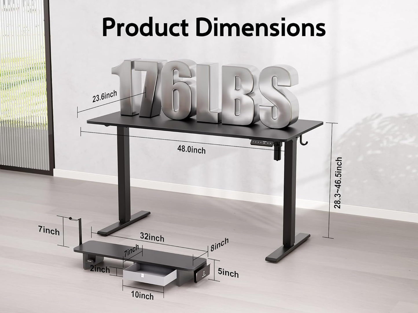 48x24 Inches Electric Standing Desk With Drawer and Monitor Stand, Height Adjustable for Home Office, Ergonomic Sit to Stand With Phone Holder, 3 Hooks, Black
