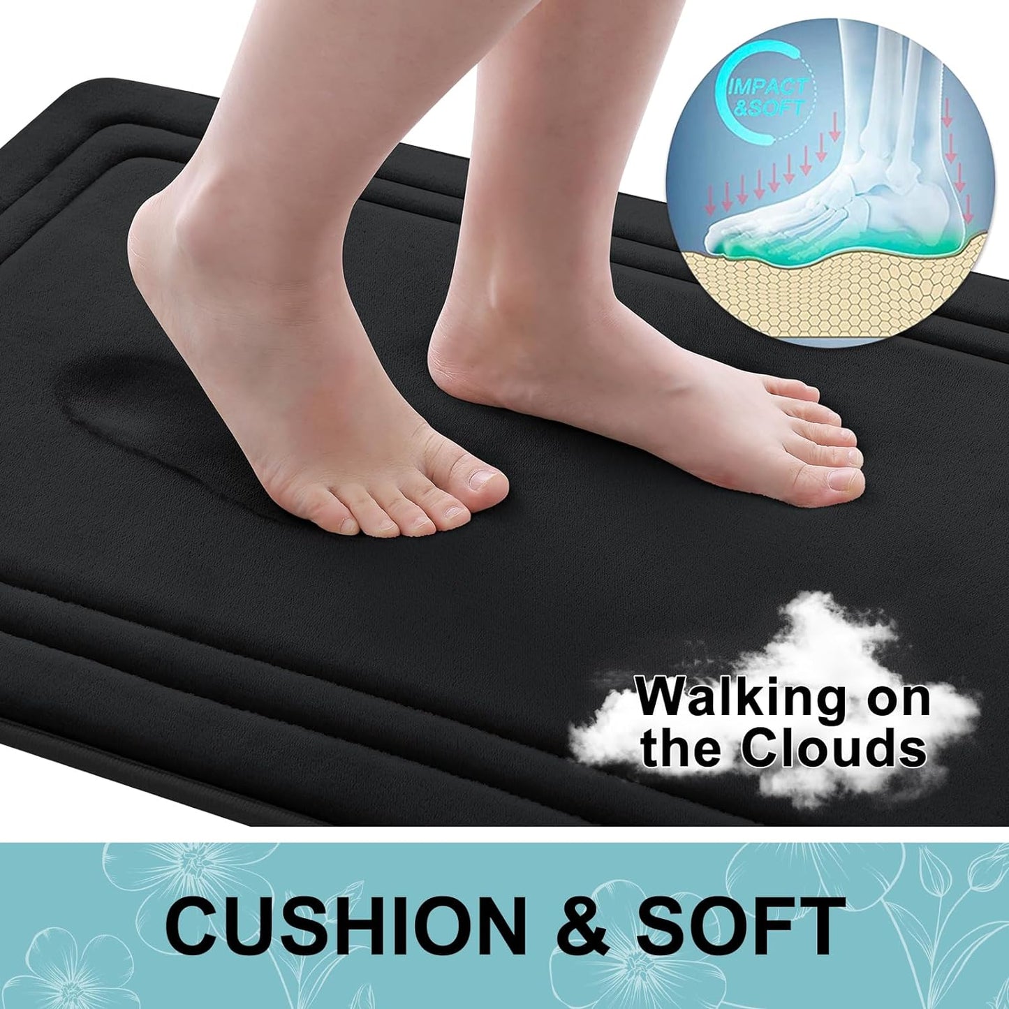 Grandaily Memory Foam Bath Mat Rug 36x24, Ultra Soft, Non-Slip and Absorbent Bathroom Rugs, Machine Wash Dry, Comfortable Bath Carpet for Bathroom Floor, Tub and Shower, Black