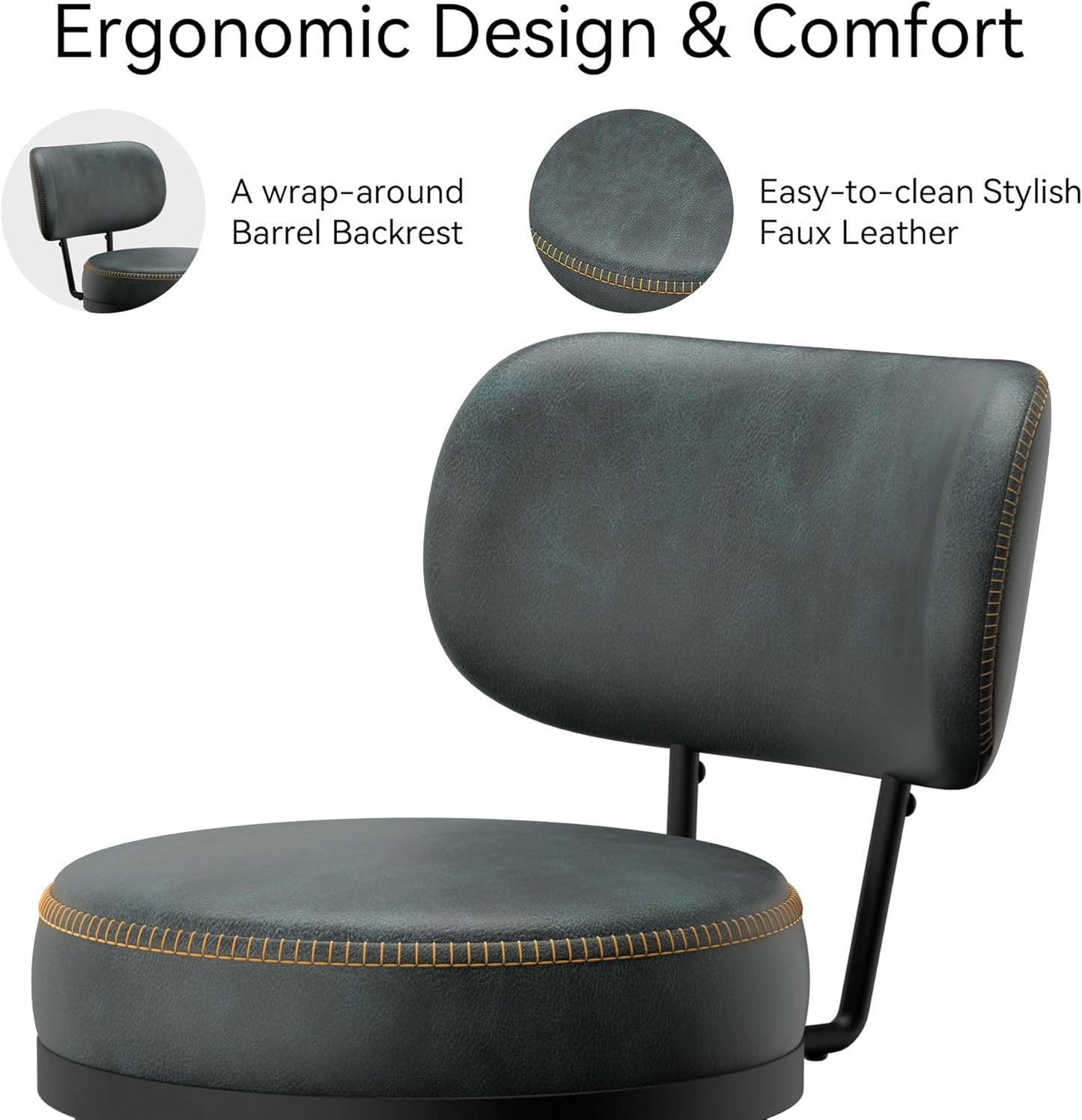 Counter Height Bar Stools, 26" H Swivel Barstools Set of 2, Faux Leather Kitchen Counter Stools with Back and Stylish Stitching, Metal Frame, Pub, Home Bar, Balck Green