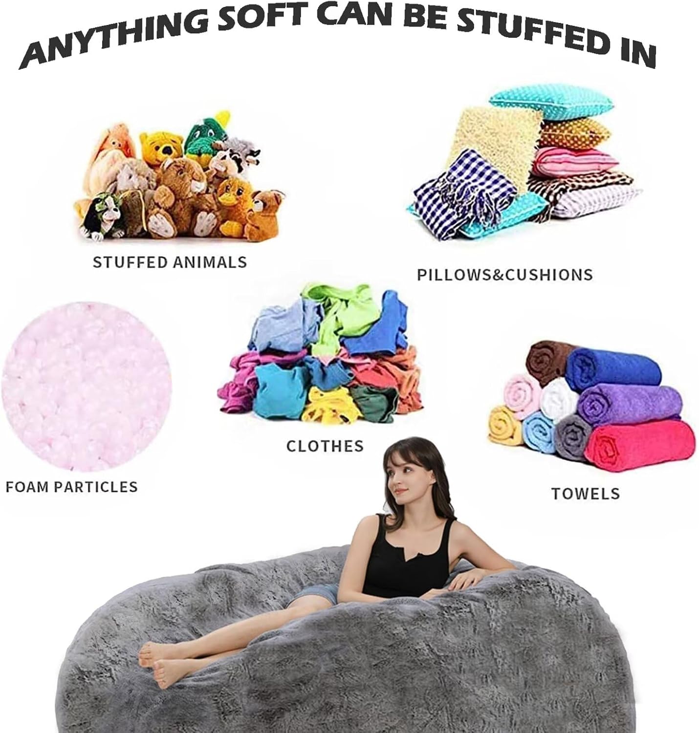 BCU 6FT Bean Bag Chair for Adults and Kids Without Filler Giant Stuffed Animal Storage Cover Soft Faux Fur Floor Chair Cover for Bedroom Living Room, Milk Orange
