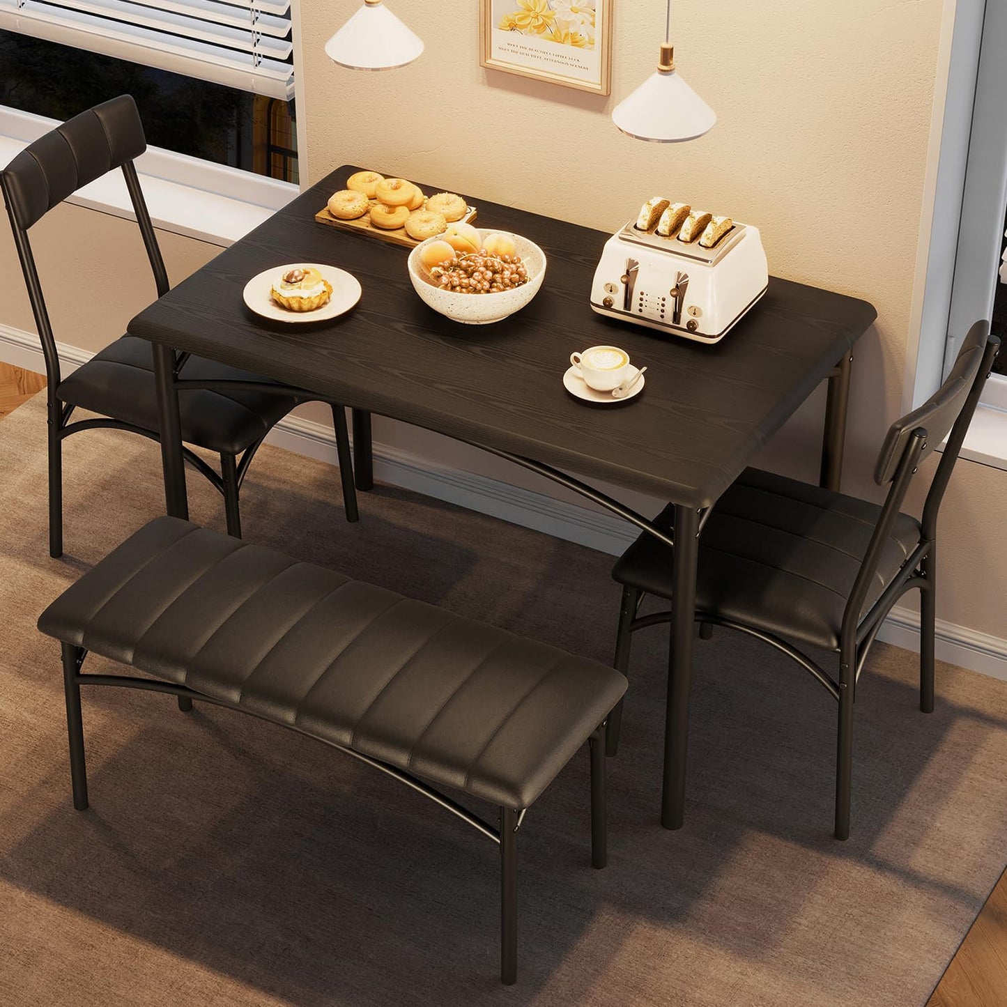 Garvee Dining Table Set for 4, Kitchen Table with Upholstered Bench and 2 Chairs, 4-Piece Wooden Dining Table Set for Apartment, Dining Room, Small Space, Black
