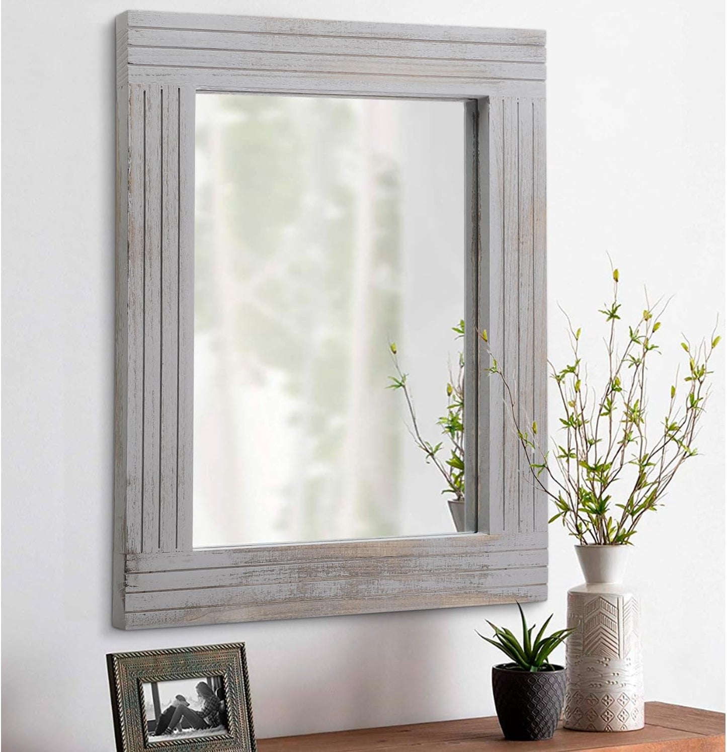 Large Rustic Wall Mirror, Rectangular Vintage Wood Framed Large Mirror Deco Farmhouse Living Room Bathroom Bedroom Entrance Mirror Light Gray 26" x 18"