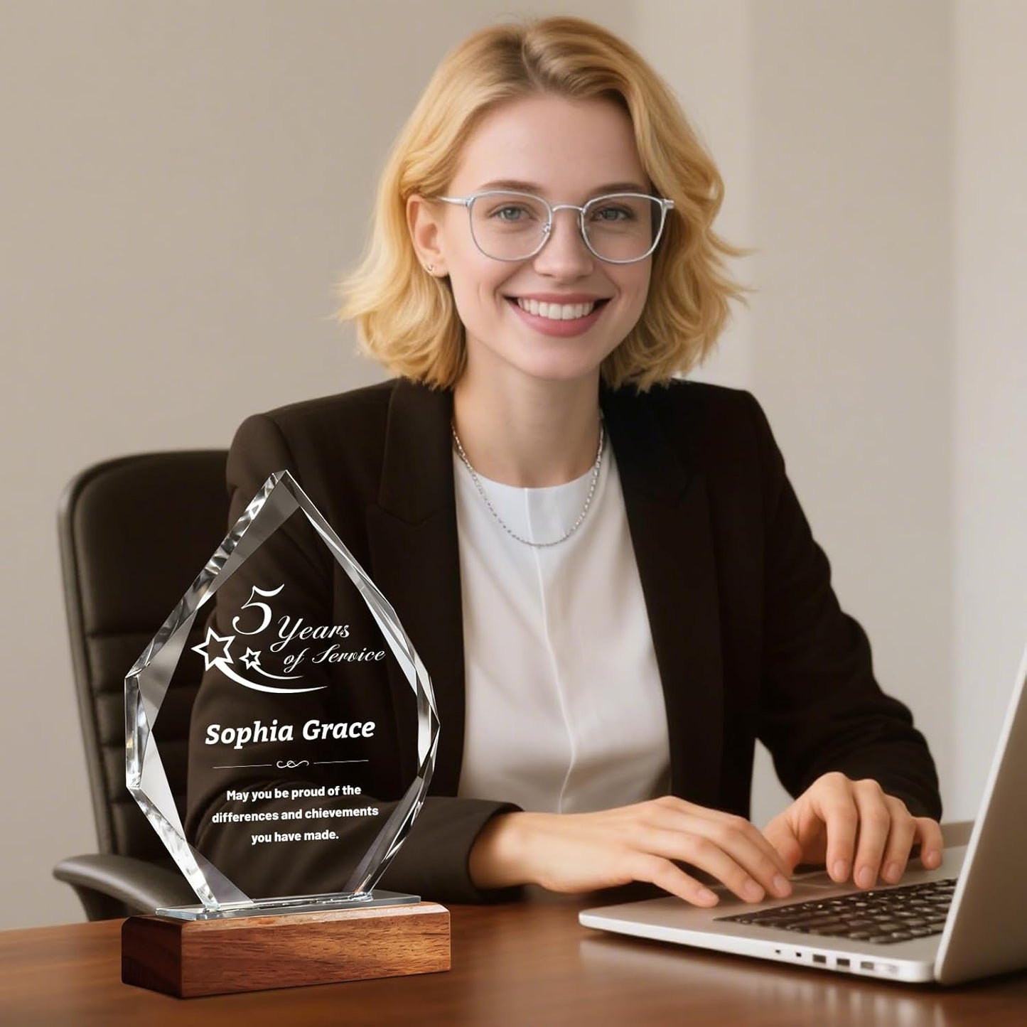 Custom Crystal Trophy Award with Wood Base, Custom Plaque Personalized Engraved with LOGO Text, Employee Appreciation Gift, Retirement Gift for Employee Coworker, Sports Recognition Trophies