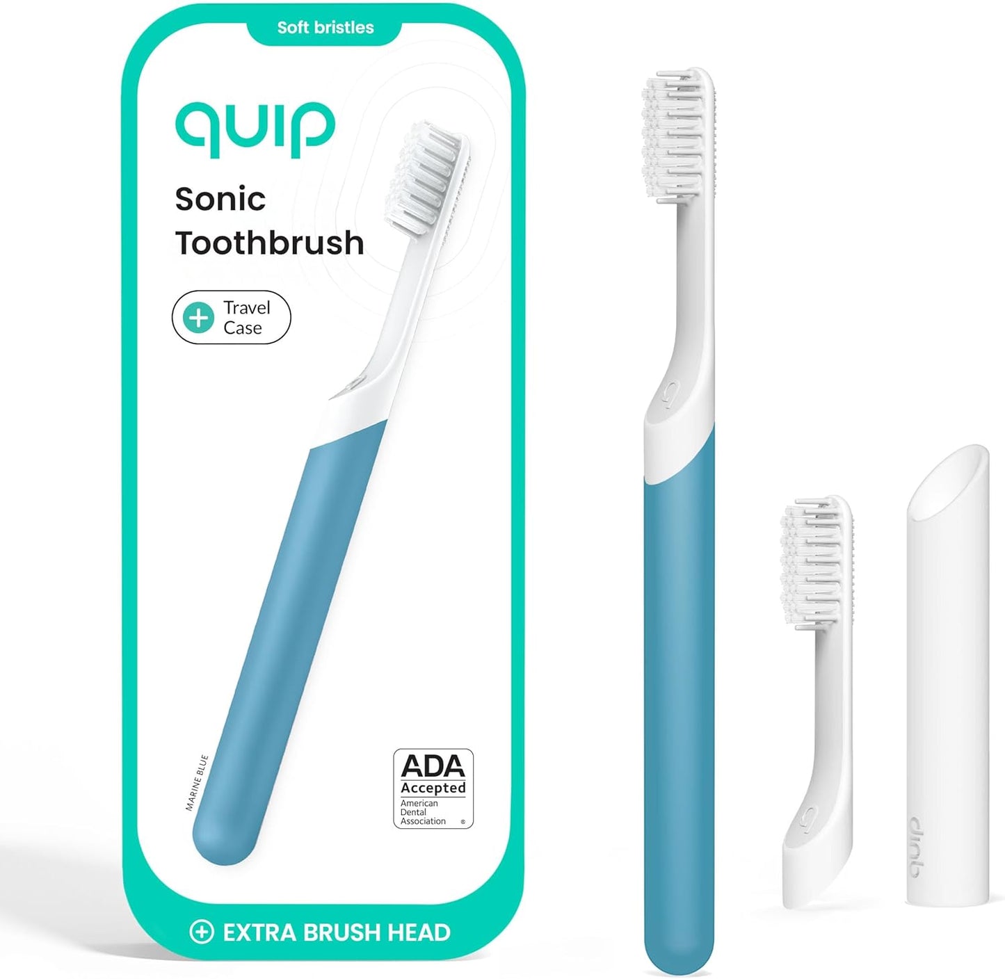 Quip Plastic Sonic Toothbrush, Electric Toothbrush for Adults –Time Travel & Soft Bristles with Travel Case & Replaceable Brush Head -3-Month Battery Life - Marine Blue